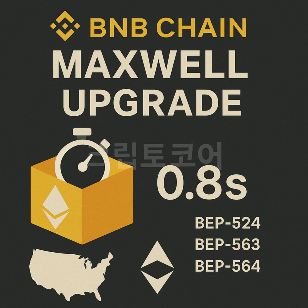 BNB 체인 업그레이드로 평균 블록 생성 시간이 0.8초로 단축된 기술적 도약을 보여주는 인포그래픽