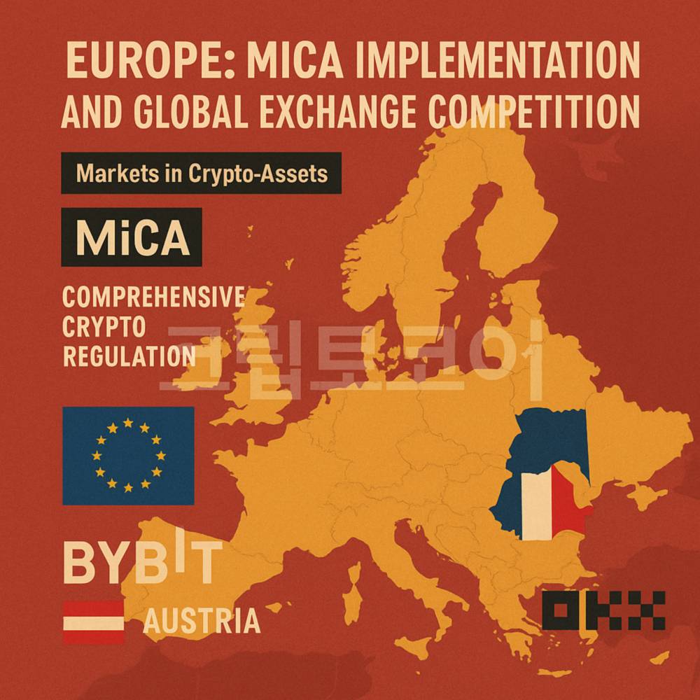 유럽 MiCA 규제와 글로벌 거래소 경쟁을 표현한 인포그래픽 이미지