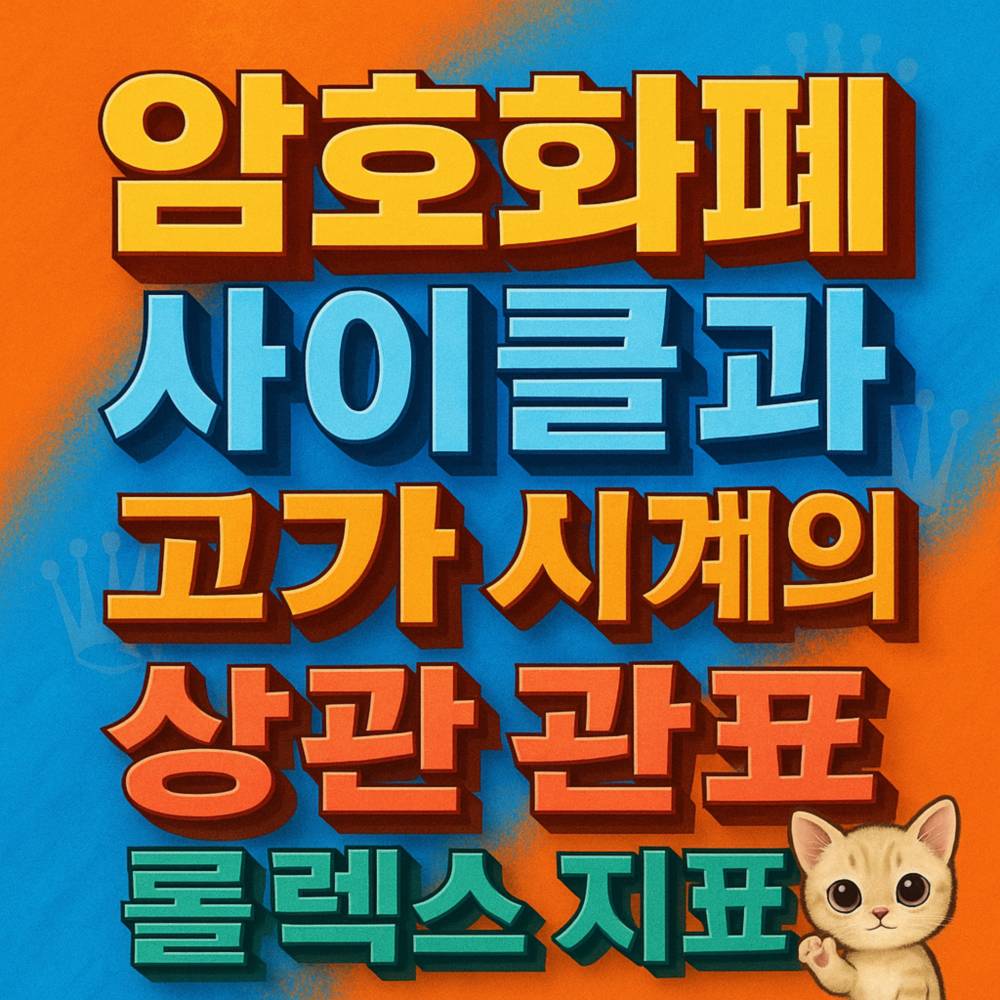 대비 강렬한 오렌지·블루 배경에 암호화폐‑롤렉스 지표 텍스트가 입체적으로 배치된 포스터