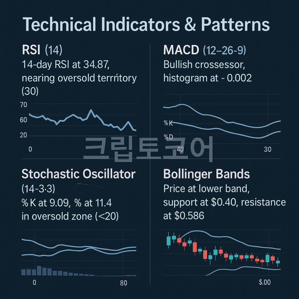 기술적 지표 요약 인포그래픽, RSI, MACD, 스토캐스틱, 볼린저밴드 수치 포함