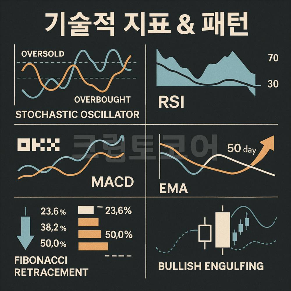 기술적 지표와 차트 패턴을 설명하는 암호화폐 투자용 인포그래픽