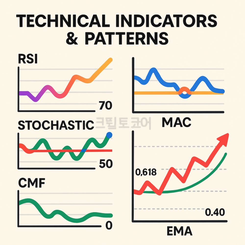 기술적 지표 시각화 이미지 (RSI, Stochastic, MACD, CMF, EMA, 피보나치 포함)