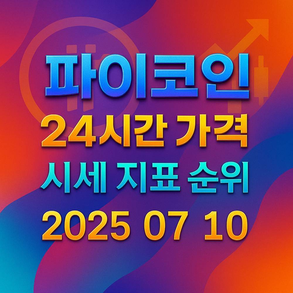 형형색색 그라데이션 배경 위에 ‘파이코인·24시간 가격·시세 지표 순위·2025 07 10’ 문구가 4줄로 큼직하게 배치된 입체형 텍스트 포스터