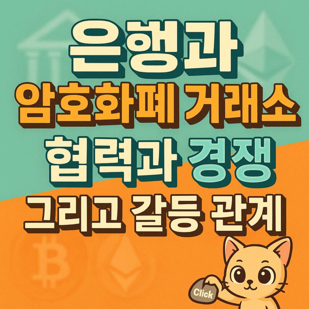 은행과 암호화폐 거래소의 협력과 경쟁을 표현한 텍스트 중심의 일러스트