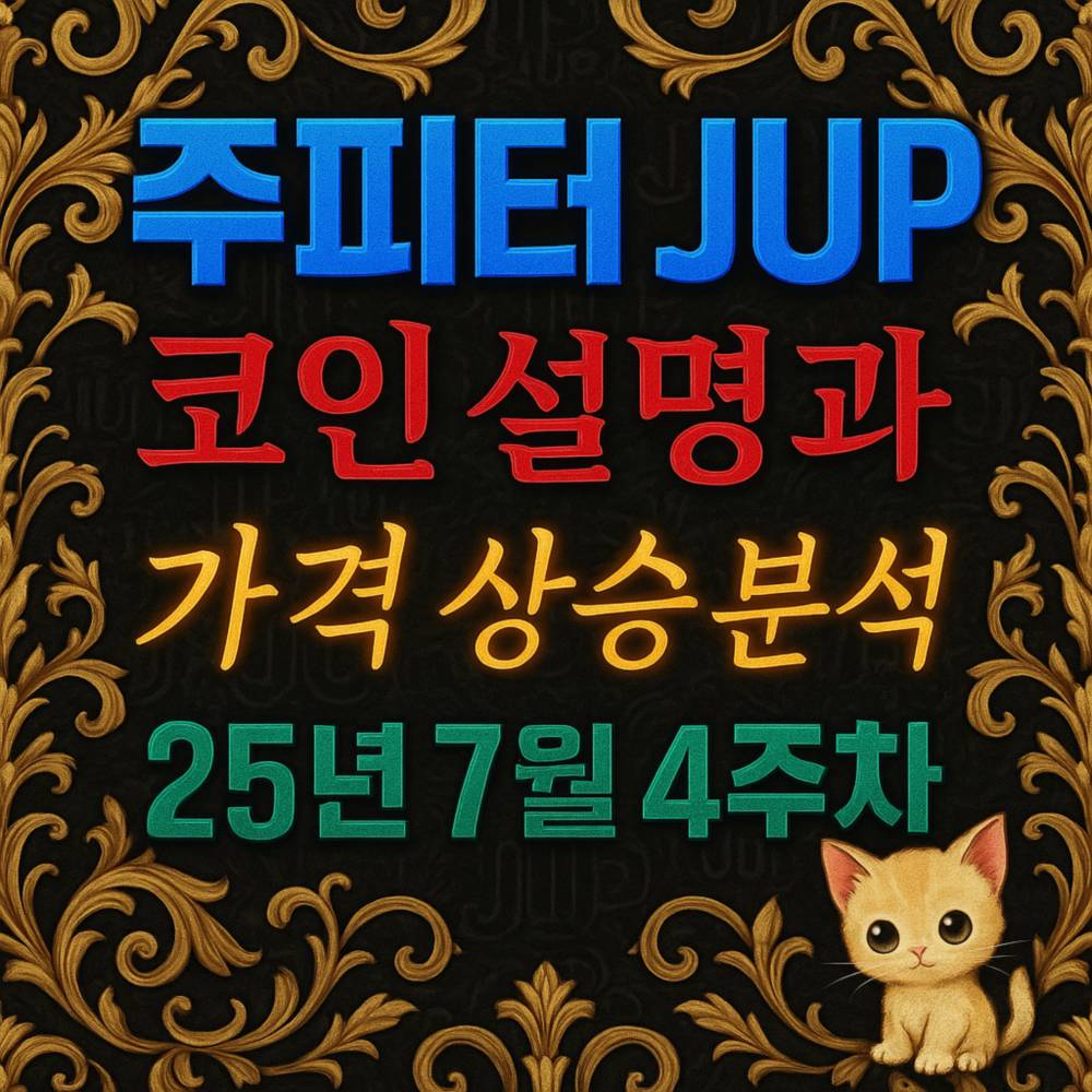 주피터 JUP 분석 포스터, 호화로운 금색 패턴 위 다채로운 대형 글자