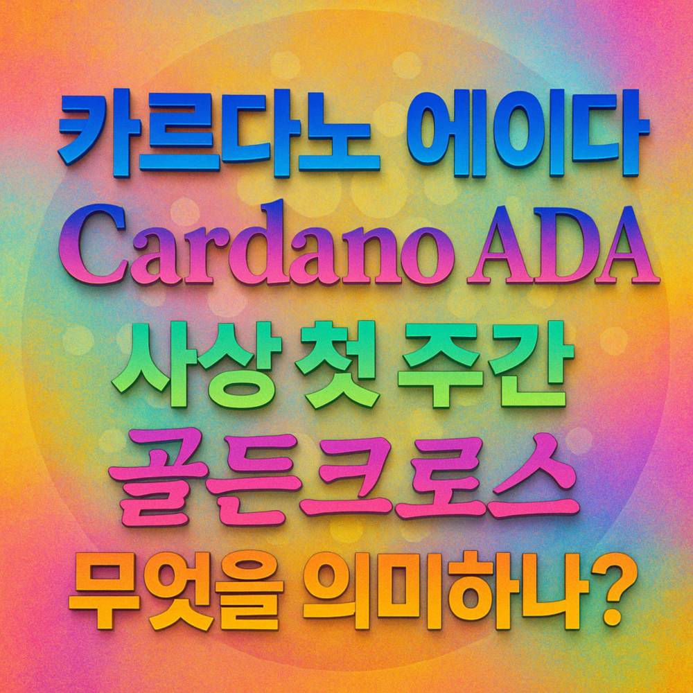 카르다노 에이다와 Cardano ADA 관련 다섯 문구가 각기 다른 폰트와 대조 색상으로 중앙 정렬된 입체형 그래픽