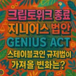트로피컬 패턴 배경 위에 ‘크립토위크 종료·지니어스 법안·GENIUS ACT·스테이블코인 규제법이·가져올 변화는?’ 다섯 줄이 화려한 색감과 입체 폰트로 배치된 인포그래픽