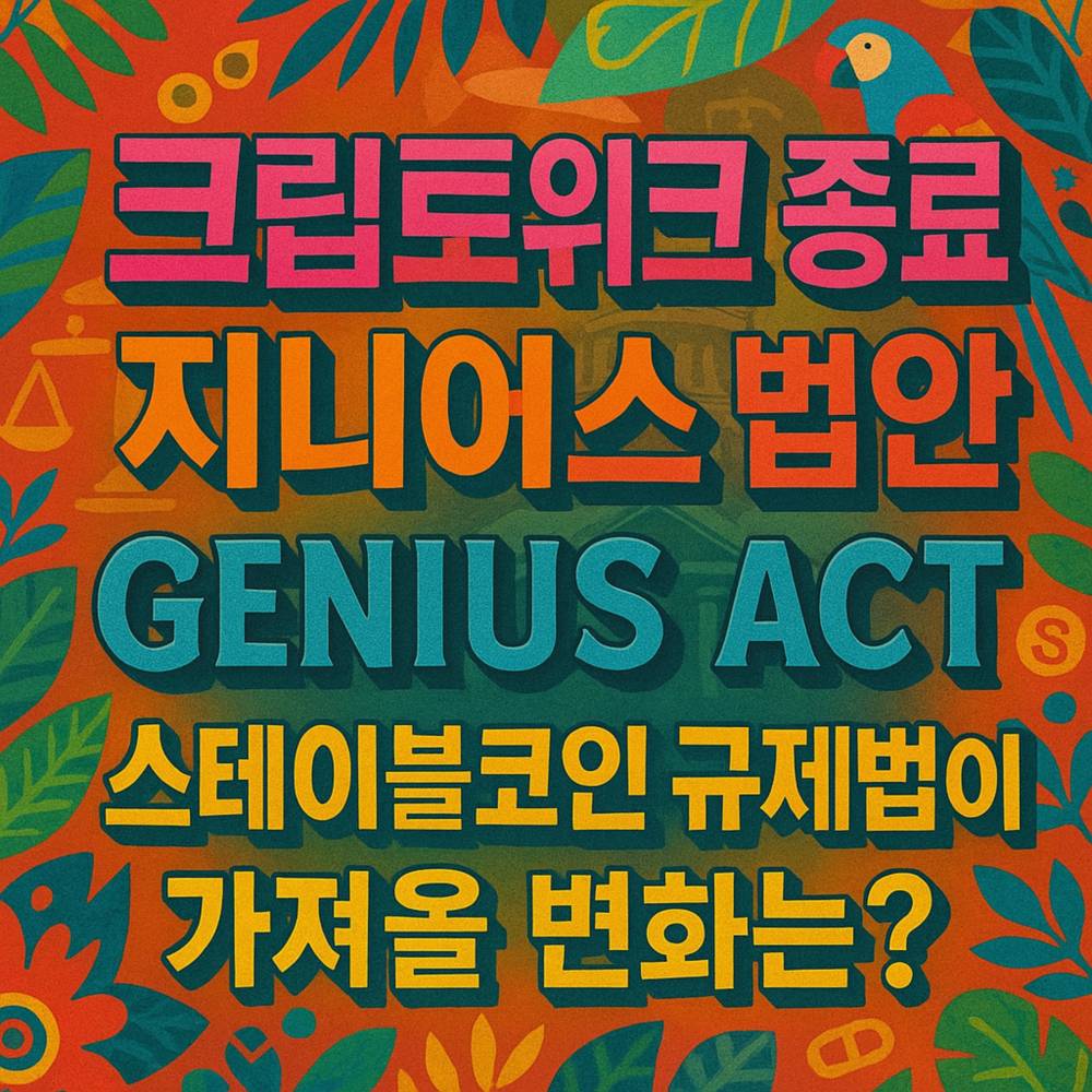 트로피컬 패턴 배경 위에 ‘크립토위크 종료·지니어스 법안·GENIUS ACT·스테이블코인 규제법이·가져올 변화는?’ 다섯 줄이 화려한 색감과 입체 폰트로 배치된 인포그래픽