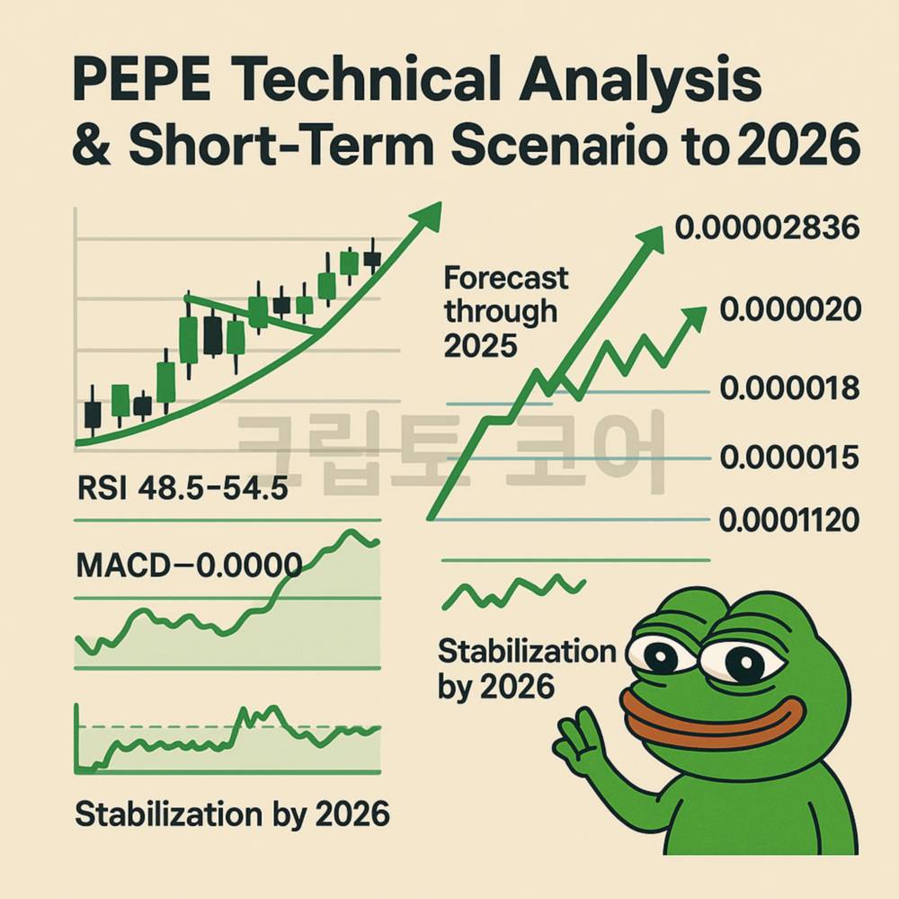 PEPE 코인의 기술적 분석과 2026년까지의 가격 시나리오를 요약한 인포그래픽, 캔들차트, RSI, MACD, 가격 목표선 등이 포함됨