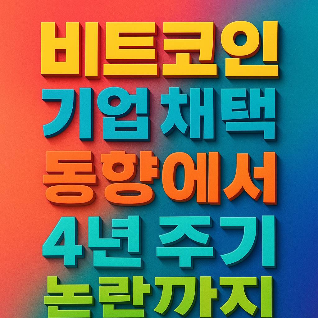 다섯 줄로 ‘비트코인 · 기업 채택 · 동향에서 · 4년 주기 · 논란까지’ 텍스트를 입체적으로 배치한 그래픽 디자인