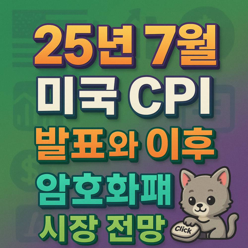 그린·퍼플 느낌의 1:1 배경 위에 ‘25년 7월·미국 CPI·발표와 이후·암호화폐·시장 전망’ 타이포그래픽