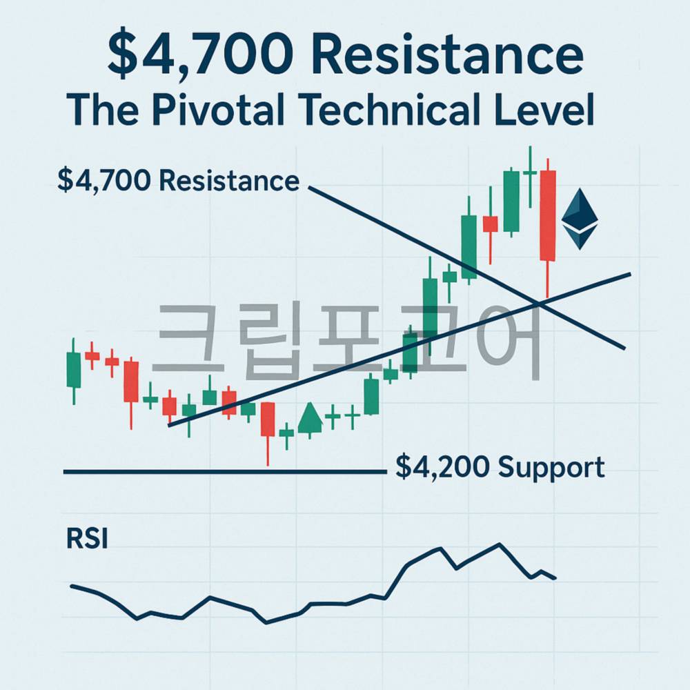 이더리움 4,700달러 저항선과 4,200달러 지지선, RSI 추세를 강조한 기술적 분석 인포그래픽