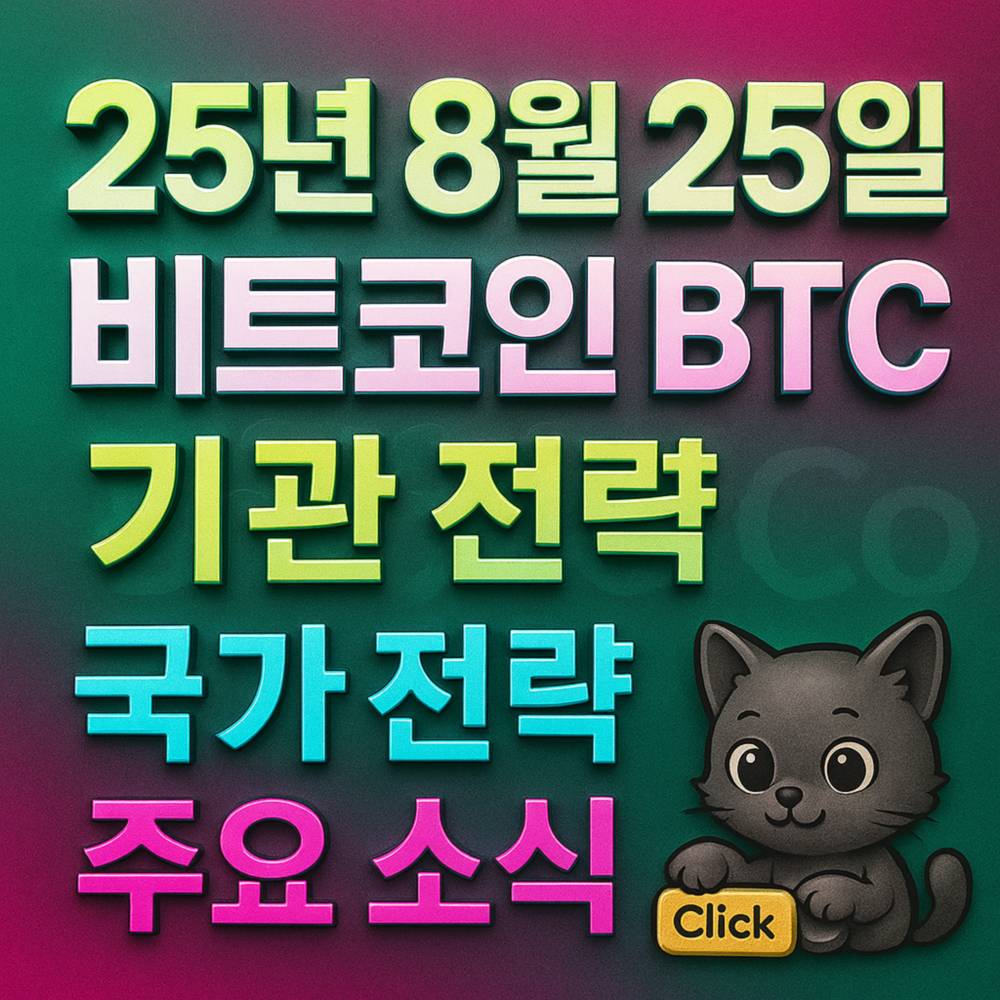 ‘25년 8월 25일 · 비트코인 BTC · 기관 채택 · 국가 전략 등 · 주요 소식’ 5줄을 동일 크기·3D 그림자 효과와 라인별 다른 서체·다채로운 색 대비로 중앙 정렬한 1:1 인포그래픽