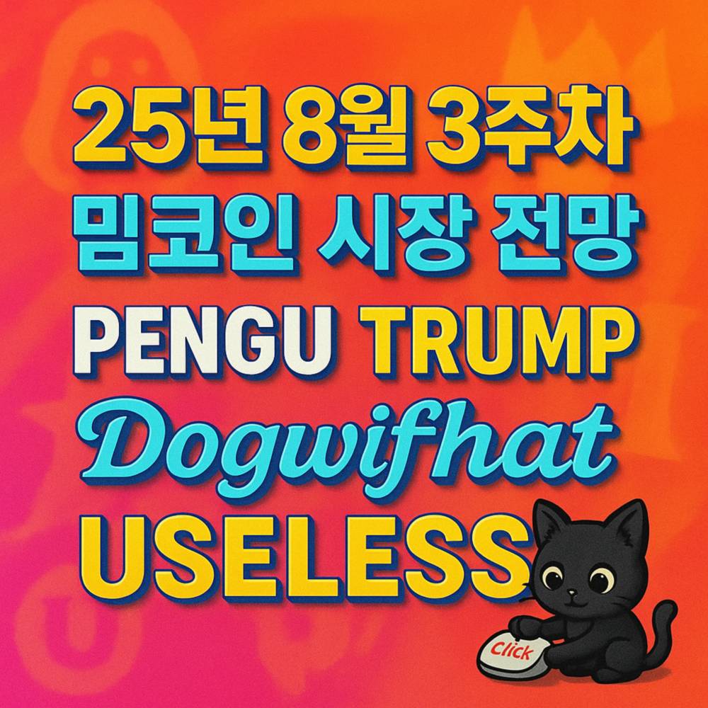 25년 8월 3주차 밈코인 시장 전망을 오렌지·핑크 그라데이션 배경에 입체 타이포로 배치하고 PENGU·TRUMP·Dogwifhat·USELESS를 강조한 1:1 포스터