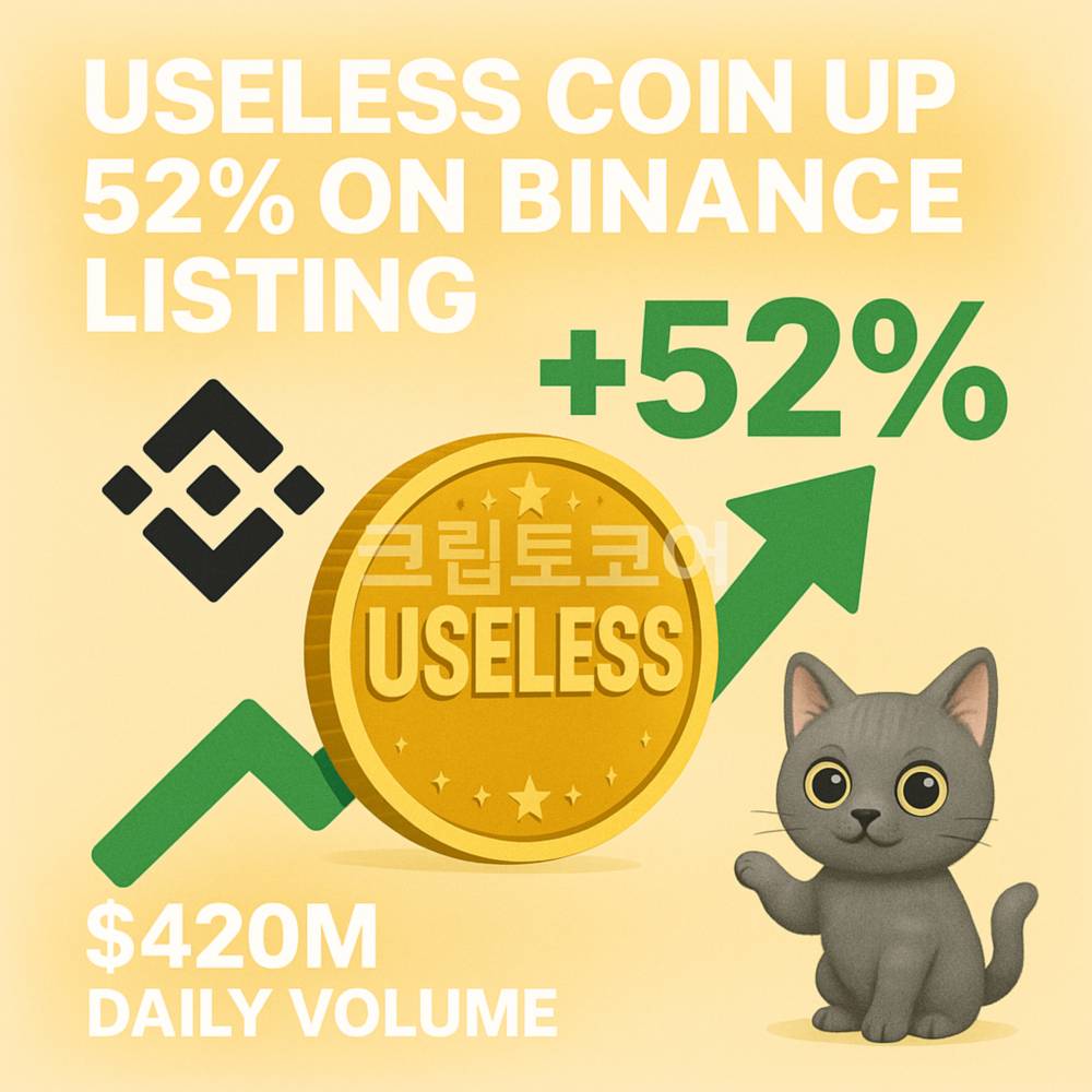 USELESS 코인 바이낸스 상장 후 52% 급등과 거래량 폭증을 보여주는 인포그래픽