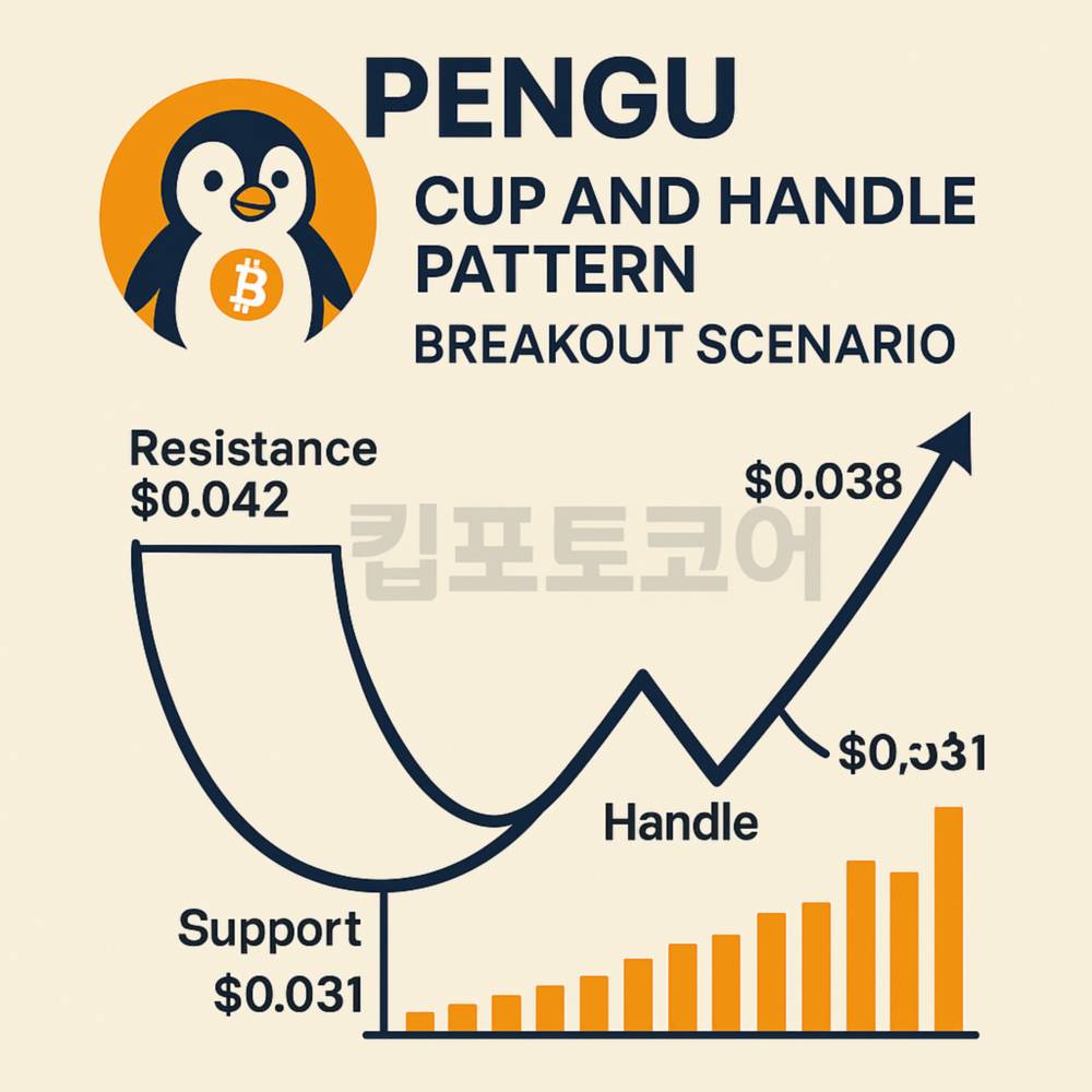 펭구(PENGU)의 컵앤핸들 패턴과 0.042달러 돌파 시나리오를 보여주는 암호화폐 차트 인포그래픽