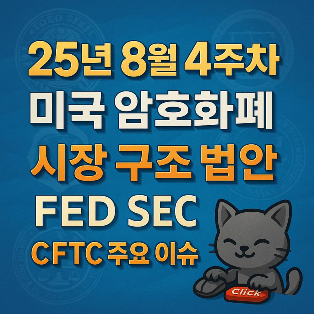 25년 8월 4주차 미국 암호화폐 시장 구조 법안 FED SEC CFTC 주요 이슈 인포그래픽
