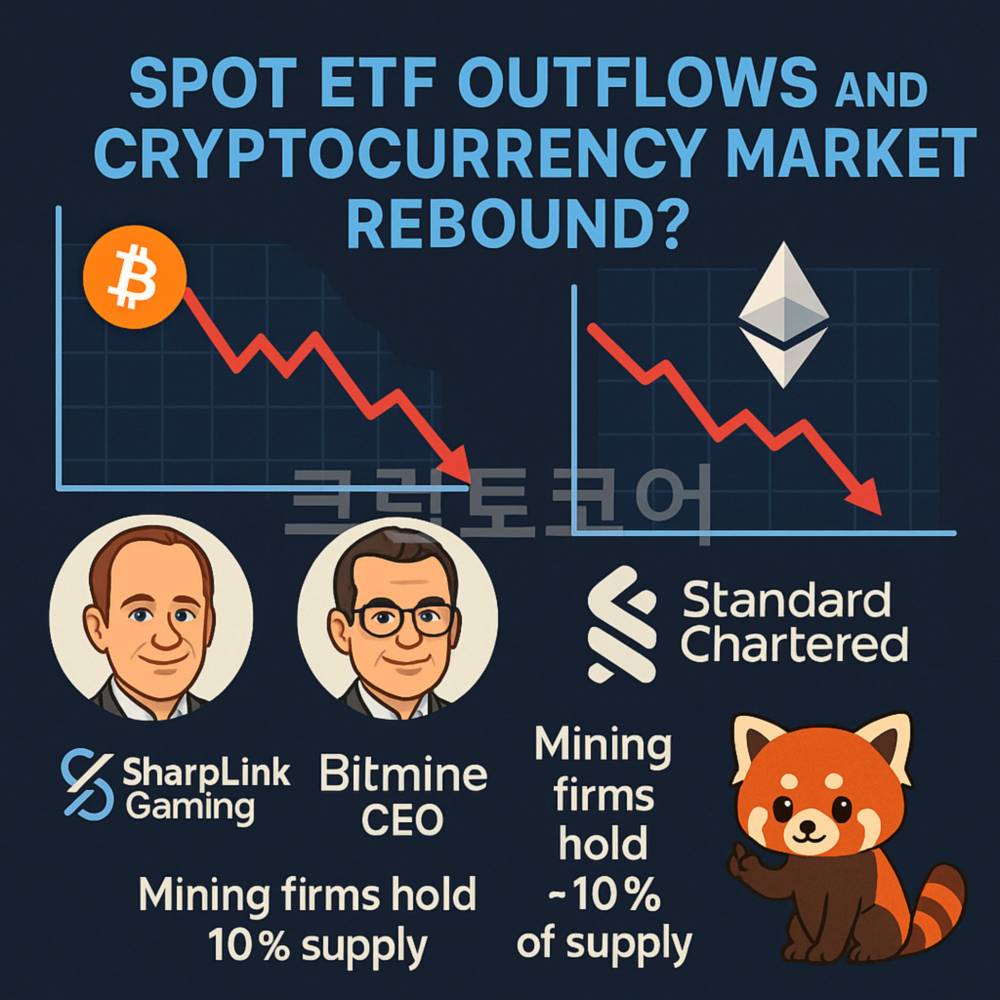 ETF 자금 유출과 암호화폐 시장 회복 가능성을 다룬 인포그래픽, 비트코인과 이더리움 하락 그래프와 주요 기업 로고 포함