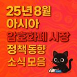 오렌지와 핑크 그라데이션 배경 위에 ‘25년 8월 아시아 · 암호화폐 시장 · 정책 동향 · 소식 모음’ 문구를 굵은 입체 타이포그래피