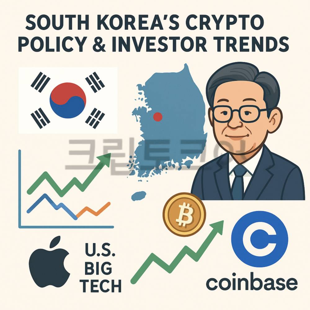 한국의 암호화폐 정책 변화와 투자자 동향을 표현한 인포그래픽