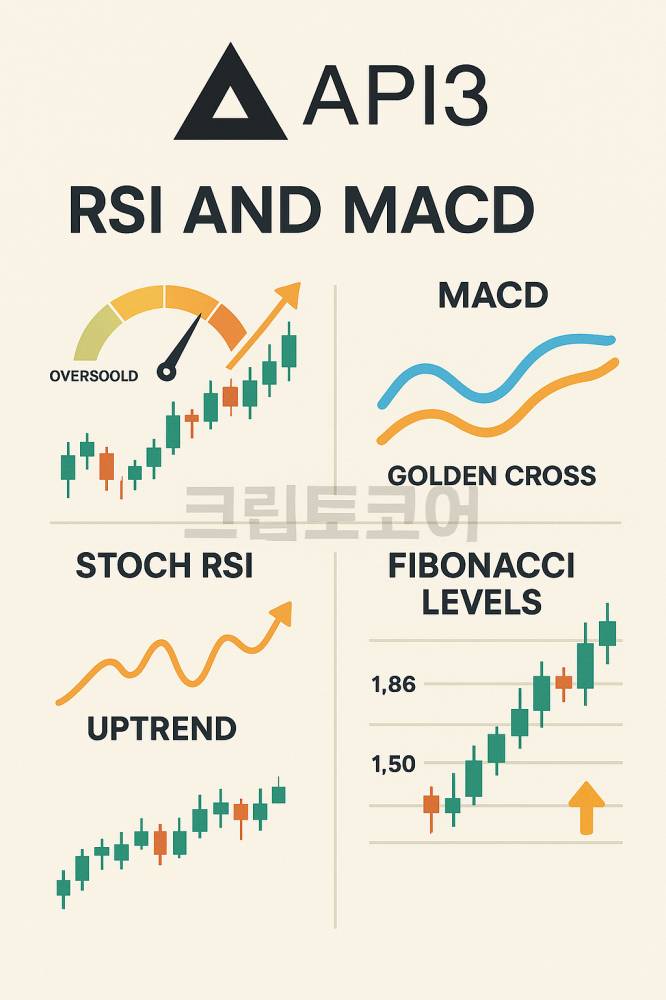 API3 기술적 지표 인포그래픽 — RSI, MACD, 스토캐스틱, 피보나치 레벨, 거래량을 통한 강세 신호 분석