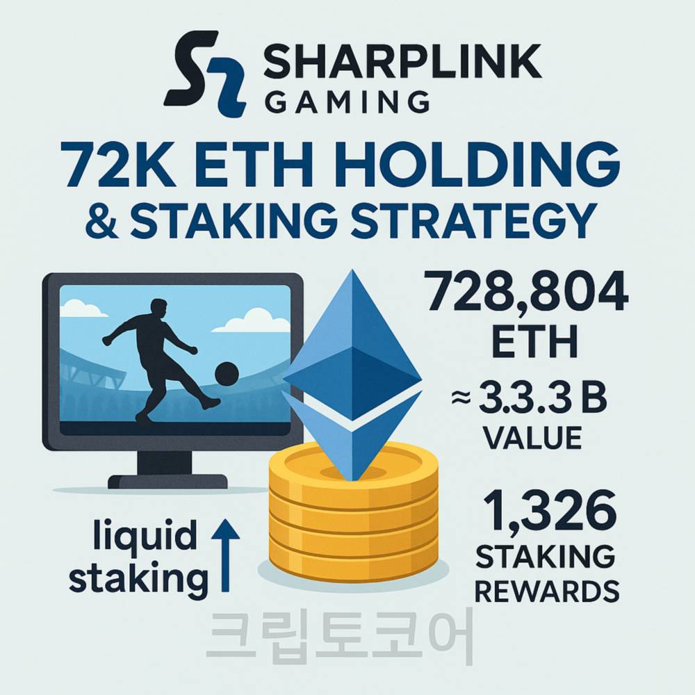 샤프링크 게이밍의 72만 ETH 보유 및 스테이킹 전략을 시각화한 인포그래픽 이미지