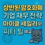 상반된 암호화폐 기업 재무 전략을 다룬 콘텐츠를 강조하는 디지털 디자인 이미지