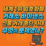 세계 1위 암호화폐 거래소 바이낸스 선물 거래 중단 사태를 요약적으로 보여주는 텍스트 중심의 그래픽 이미지
