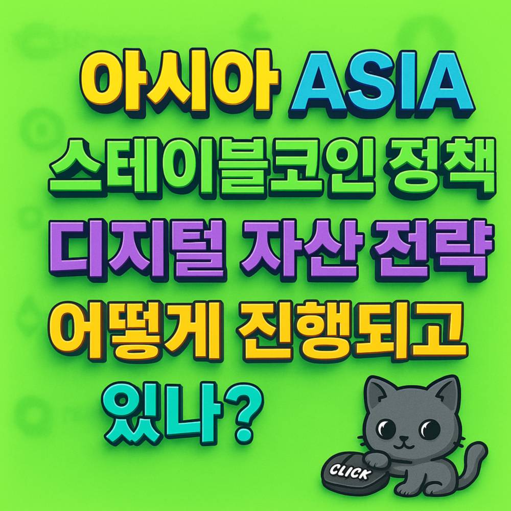 네온 그린 Y2K 스타일 배경 위에 ‘아시아 ASIA · 스테이블코인 정책 · 디지털 자산 전략 · 어떻게 진행되고 · 있나?’를 대조 강한 3D 타이포그래피로 중앙 정렬한 1:1 포스터