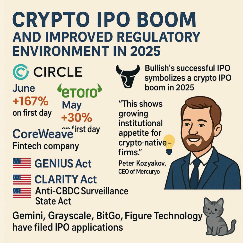 2025년 크립토 IPO 붐과 규제 환경 개선을 설명하는 인포그래픽