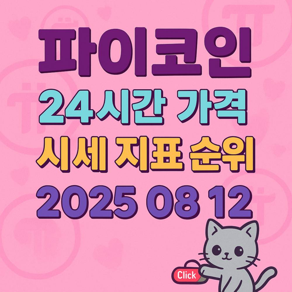 핑크 톤 배경 위에 ‘파이코인 · 24시간 가격 · 시세 지표 순위 · 2025 08 12’ 문구가 큼직하고 입체적으로 중앙 정렬된 1:1 인포그래픽