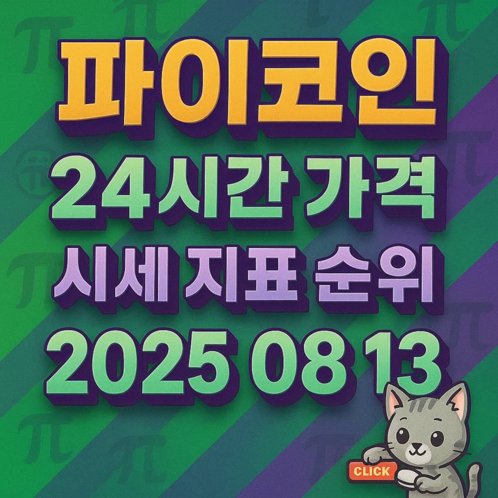 그린·퍼플 느낌의 배경 위에 ‘파이코인’, ‘24시간 가격’, ‘시세 지표 순위’, ‘2025 08 13’ 문구를 굵고 입체감 있게 중앙 정렬한 1:1 인포그래픽