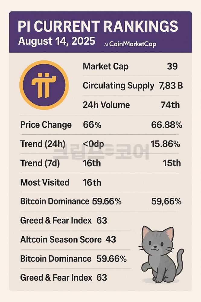 파이코인 2025년 8월 14일 시세 및 순위 정보 인포그래픽