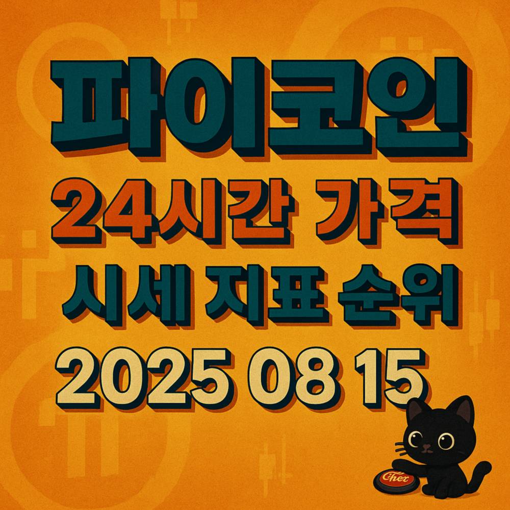 머스타드 옐로와 러스트 레드 감성의 1:1 배경 위에 ‘파이코인 24시간 가격 시세 지표 순위 2025 08 15’ 텍스트 타이포그래피