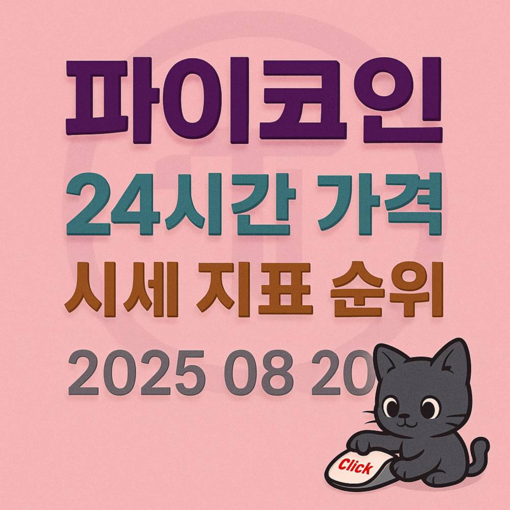 파우더 핑크 톤 배경의 1:1 포스터에 ‘파이코인·24시간 가격·시세 지표 순위·2025 08 20’ 텍스트를 입체감 있게 중앙 정렬로 배치한 타이포그래피 이미지