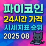 파이코인 24시간 가격·시세 지표 순위 2025-08-24, 핑크·블루 큐브 그라데이션 배경 위 대조 강한 3D 텍스트의 정사각형 인포그래픽