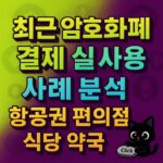 네온 라임·플럼 배경에 ‘최근 암호화폐 결제 실사용 사례 분석: 항공권·편의점·식당·약국’ 굵은 한글 타이포그래피 포스터