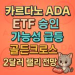 코랄 톤 배경에 ‘카르다노 ADA · ETF 승인 · 가능성 급등 · 골든크로스 · 2달러 랠리 전망?’을 굵은 3D 텍스트로 중앙 정렬해 강조한 인포그래픽