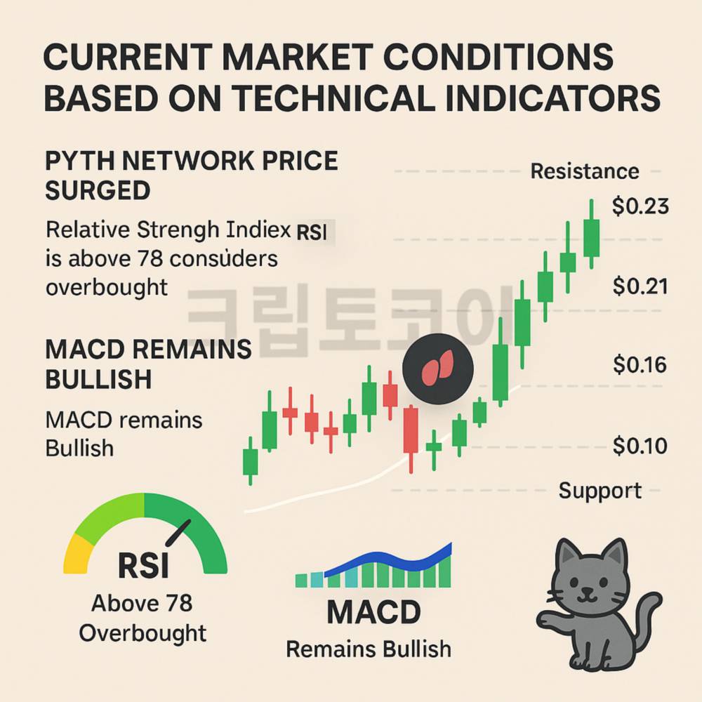 PYTH 네트워크의 최근 가격 상승과 RSI·MACD 등 기술적 지표를 한눈에 보여주는 인포그래픽