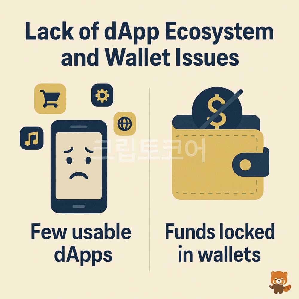 dApp 생태계 부재와 지갑 메커니즘의 구조적 문제점 인포그래픽