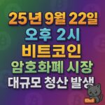 25년 9월 22일 오후 2시 비트코인 암호화폐 시장 대규모 청산 발생 문구가 굵고 선명하게 가운데 정렬된 1대1 카드