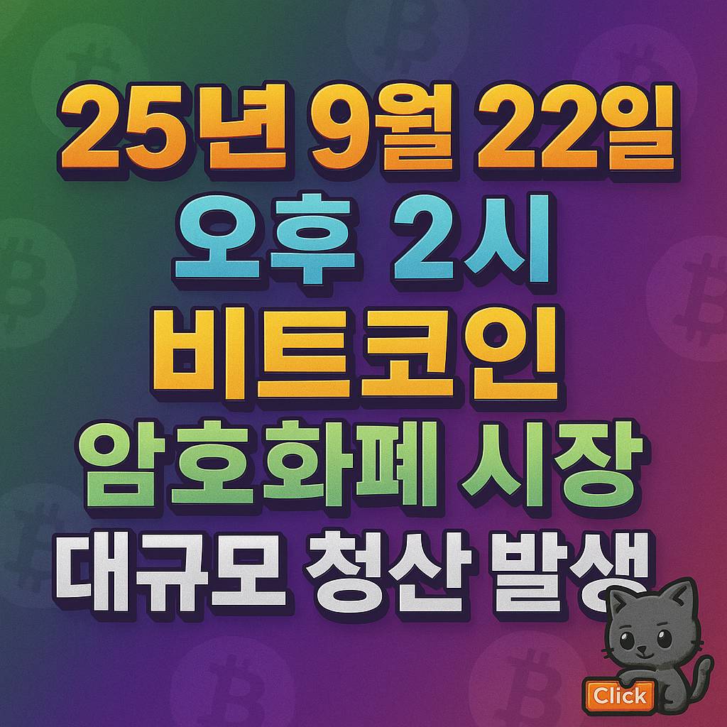 25년 9월 22일 오후 2시 비트코인 암호화폐 시장 대규모 청산 발생 문구가 굵고 선명하게 가운데 정렬된 1대1 카드