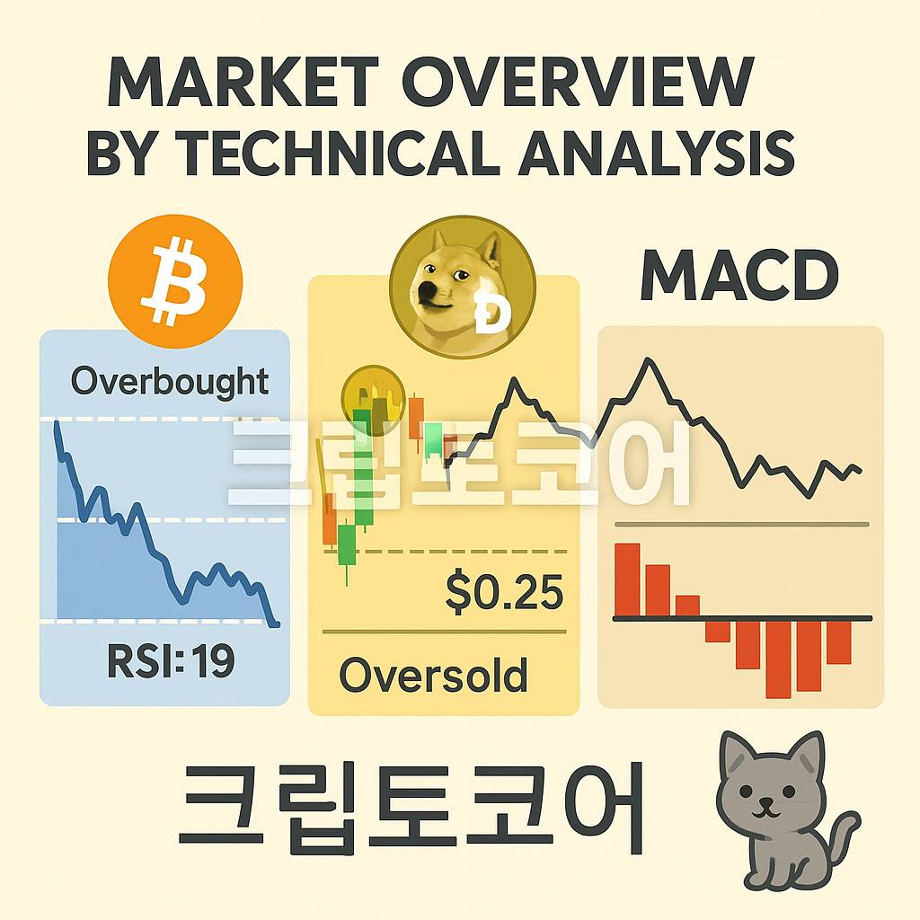 비트코인과 도지코인의 주요 기술적 지표를 시각화한 인포그래픽