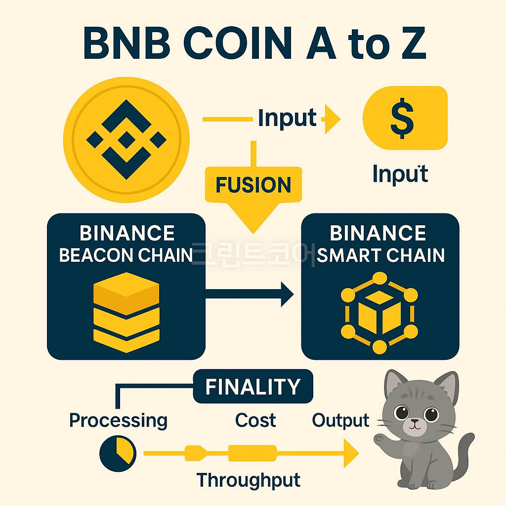 BNB 네트워크 구조와 듀얼 체인, 퓨전 과정을 시각화한 인포그래픽