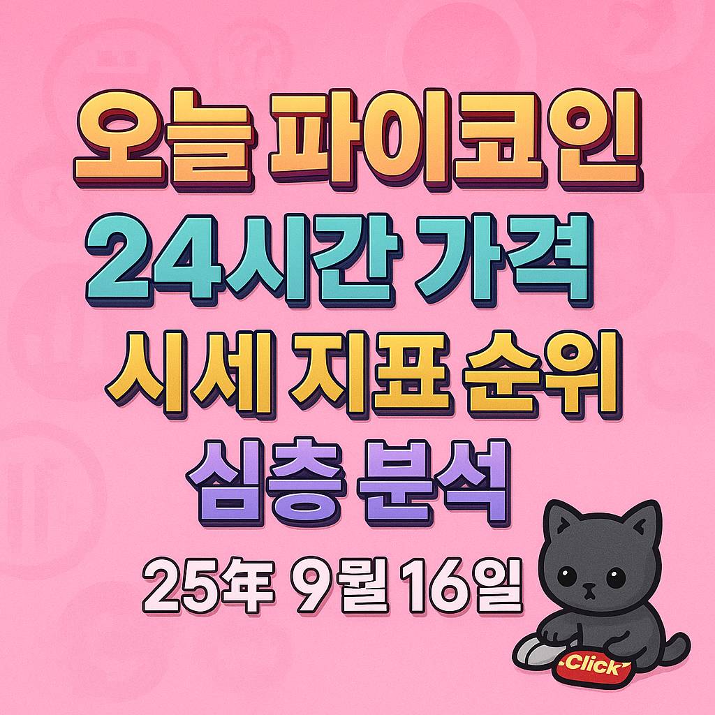 오늘 파이코인 24시간 가격·시세 지표 순위·심층 분석 — 2025년 9월 16일, 핑크 그라데이션 배경에 3D 효과의 다채로운 텍스트 디자인
