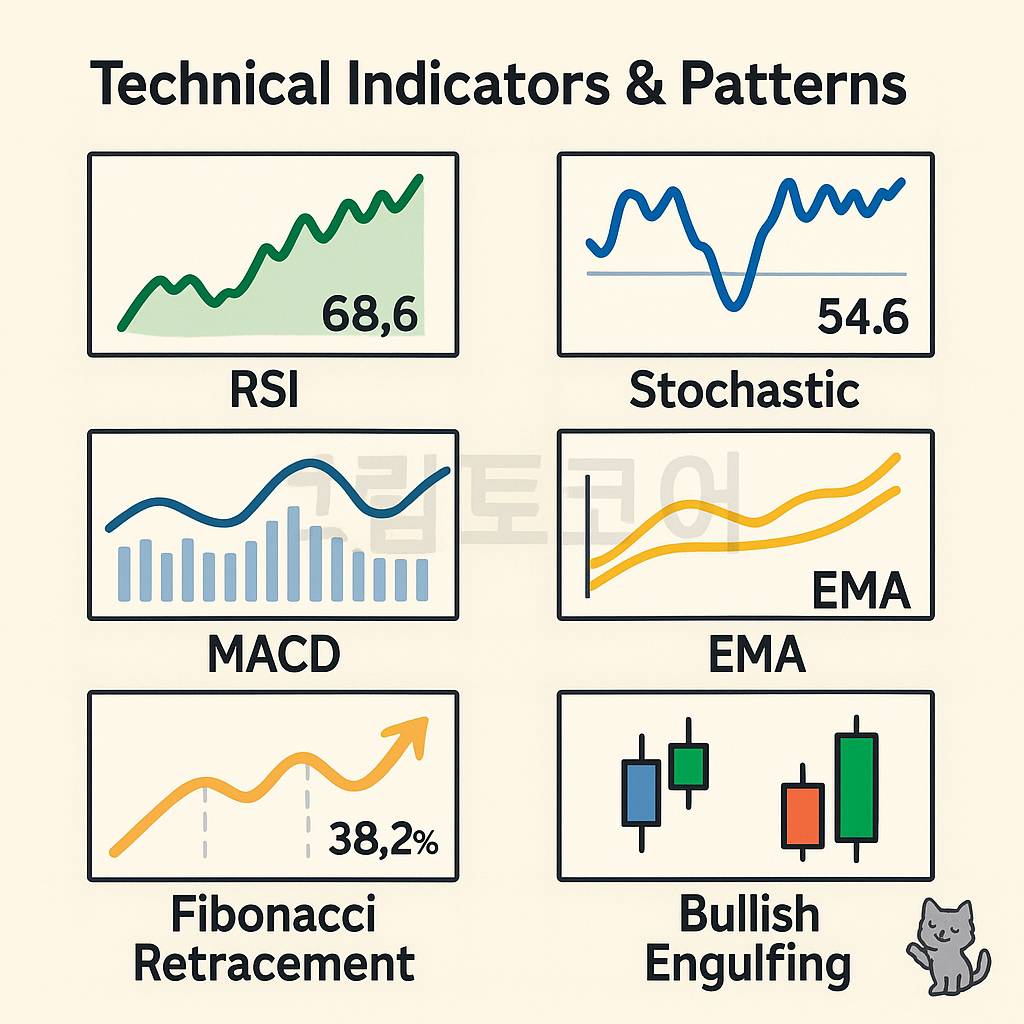 Pi Coin 기술적 지표와 패턴을 설명하는 인포그래픽. RSI, Stochastic, MACD, EMA, 피보나치 되돌림, 캔들 패턴을 시각적으로 정리한 차트 이미지