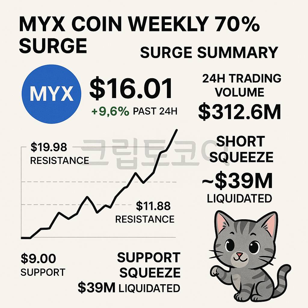 MYX 코인 주간 70% 상승 요약 인포그래픽