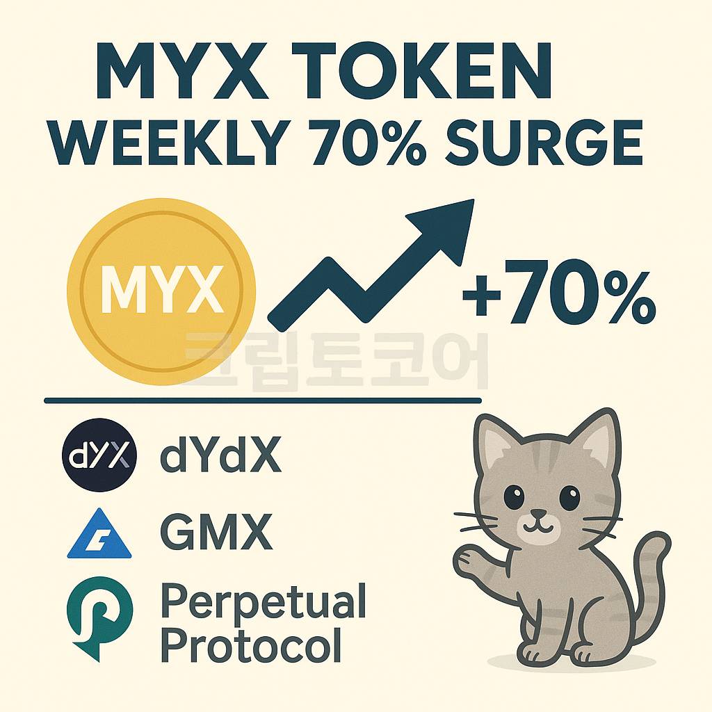 MYX 토큰이 한 주간 70% 상승한 흐름과 dYdX, GMX, 퍼페츄얼 프로토콜의 변동 상황을 비교한 인포그래픽