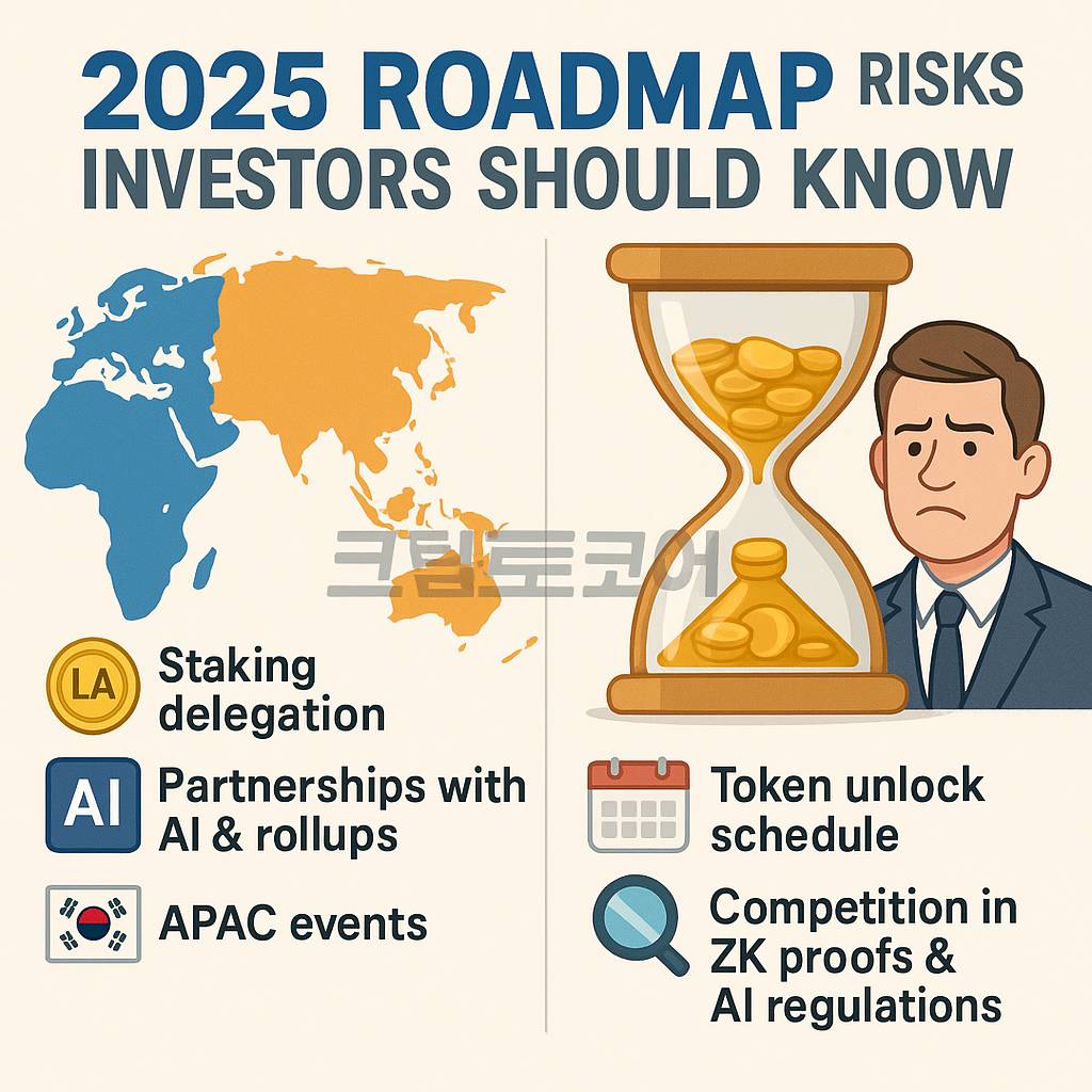 라그랑주 코인 2025 로드맵과 투자 리스크를 설명하는 인포그래픽 이미지