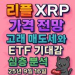 리플 XRP 가격 전망, 고래 매도세, ETF 기대감을 담은 핑크 그라데이션 배경의 1:1 인포그래픽형 타이포 포스터